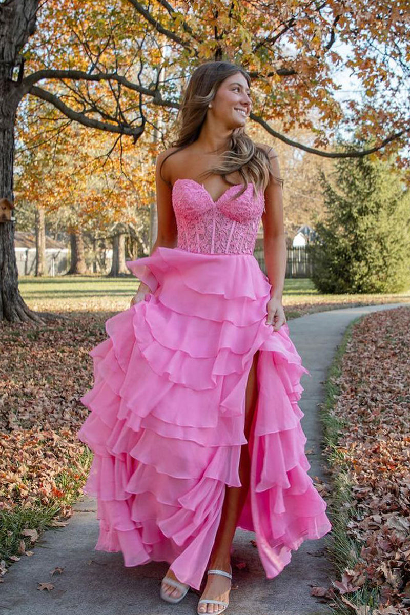 Cute A Line Sweetheart Hot Pink Chiffon Tiered Long Prom Dresses with Appliques AB121501 Cute A Line Sweetheart Hot Pink Chiffon Tiered Long Prom Dresses with Appliques AB121501
