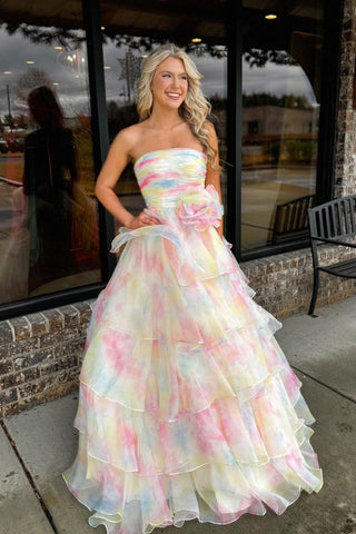Cute A Line Strapless Floral Printed Tulle Prom Dress AB122703