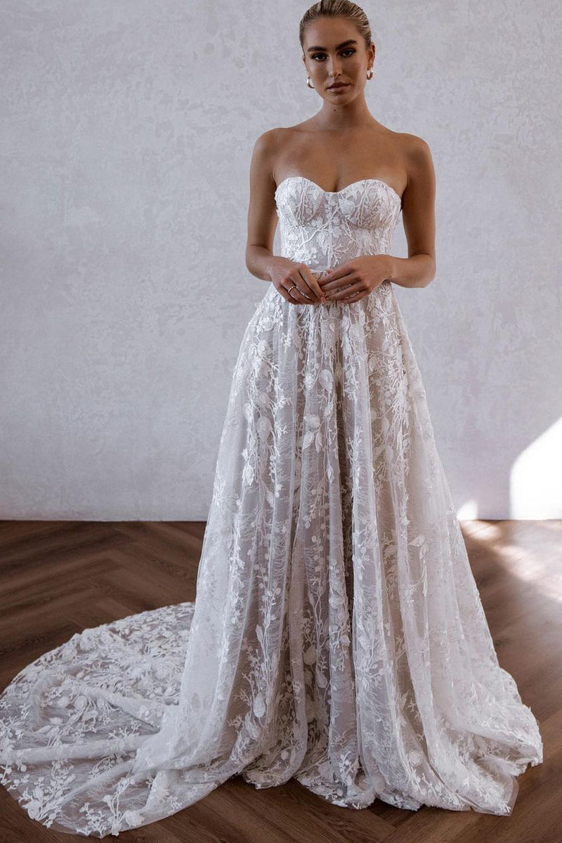 Classy A Line Sweetheart Lace Appliques Beach Wedding Dresses ABWD061805 –  Anniebride