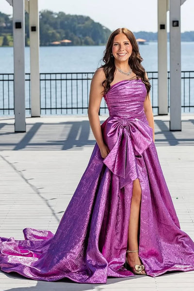 New Arrival A Line Strapless Purple Jacquard Satin Prom Dress with Bow AB25101509