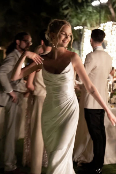 Chic Mermaid V Neck White Silk Satin Bridal Dresses AB24112203