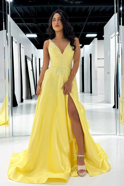 Cute A Line V Neck Yellow Satin Prom Dress with Beading AB25020307