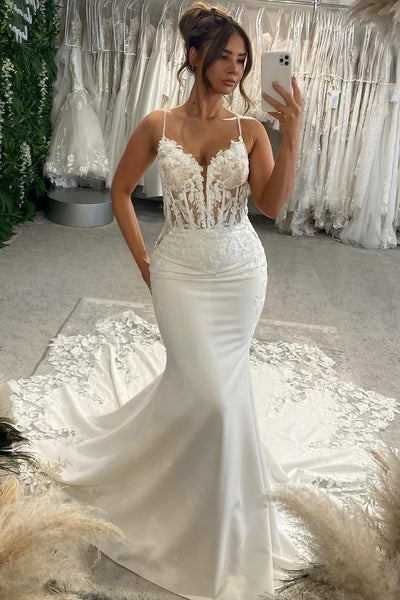 Romantic Mermaid V Neck Satin Wedding Dress with Appliques AB251021010