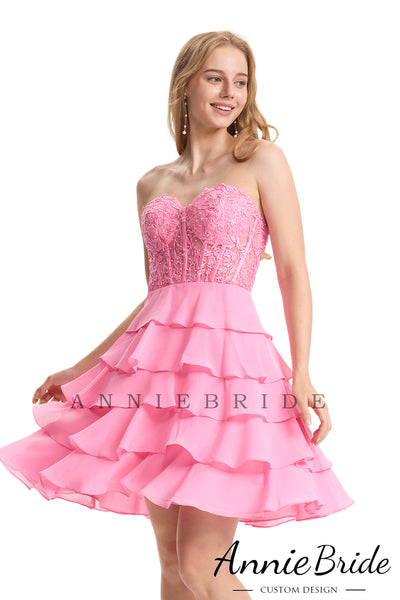 Cute A Line Sweetheart Pink Chiffon Tiered Short Homecoming Dresses AB24072104