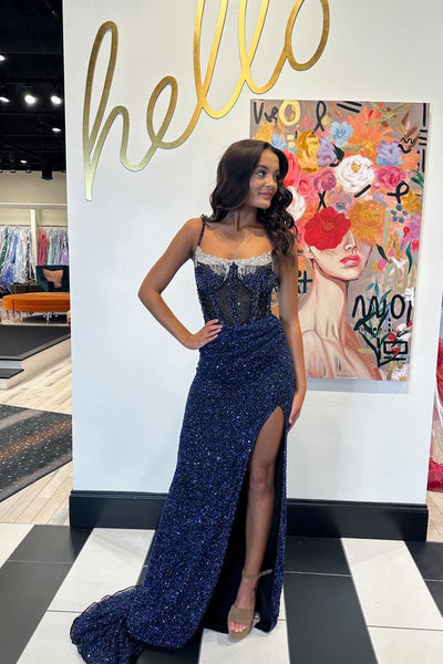 Charming Mermaid Scoop Neck Navy Sequins Long Prom Dress with Beading AB25010410