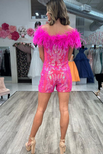 Sparkly Bodycon Hot Pink Sequins Short Homecoming Dresses with Feather ABHC061805