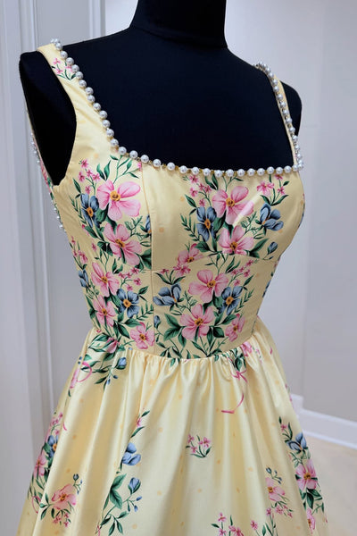 Gorgeous A Line Square Neck Floral Satin Prom Dress with Beading AB25101501