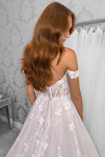 Fairy A Line Off the Shoulder Lace Tulle Bridal Dresses with Appliques
