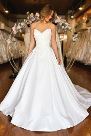 Simple Strapless White Satin Wedding Dresses with Pockets AB4050701