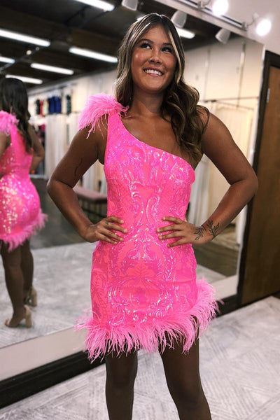 Cute Bodycon One Shoulder Light Blue Lace Sequins Short Homecoming Dresses with Feather AB101401