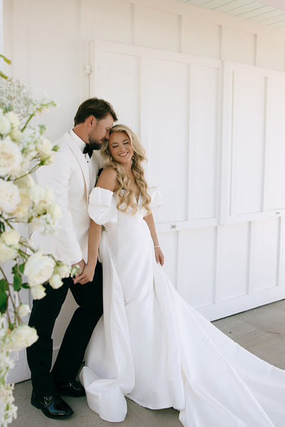 Gorgeous Mermaid Off the Shoulder White Satin Bridal Dresses with Ruffled Sleeves AB24112616