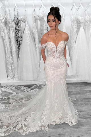 Charming Mermadi Off the Shoulder Ivory Tulle Wedding Dresses with Appliques AB4051102
