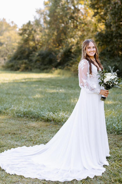 Bohemian A Line V Neck Chiffon Long Bridal Dresses with Long Sleeves AB24110504