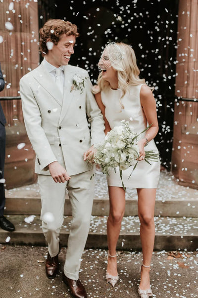 Simple Fashion Round Neck Twill Satin Short Bridal Dresses AB24122816