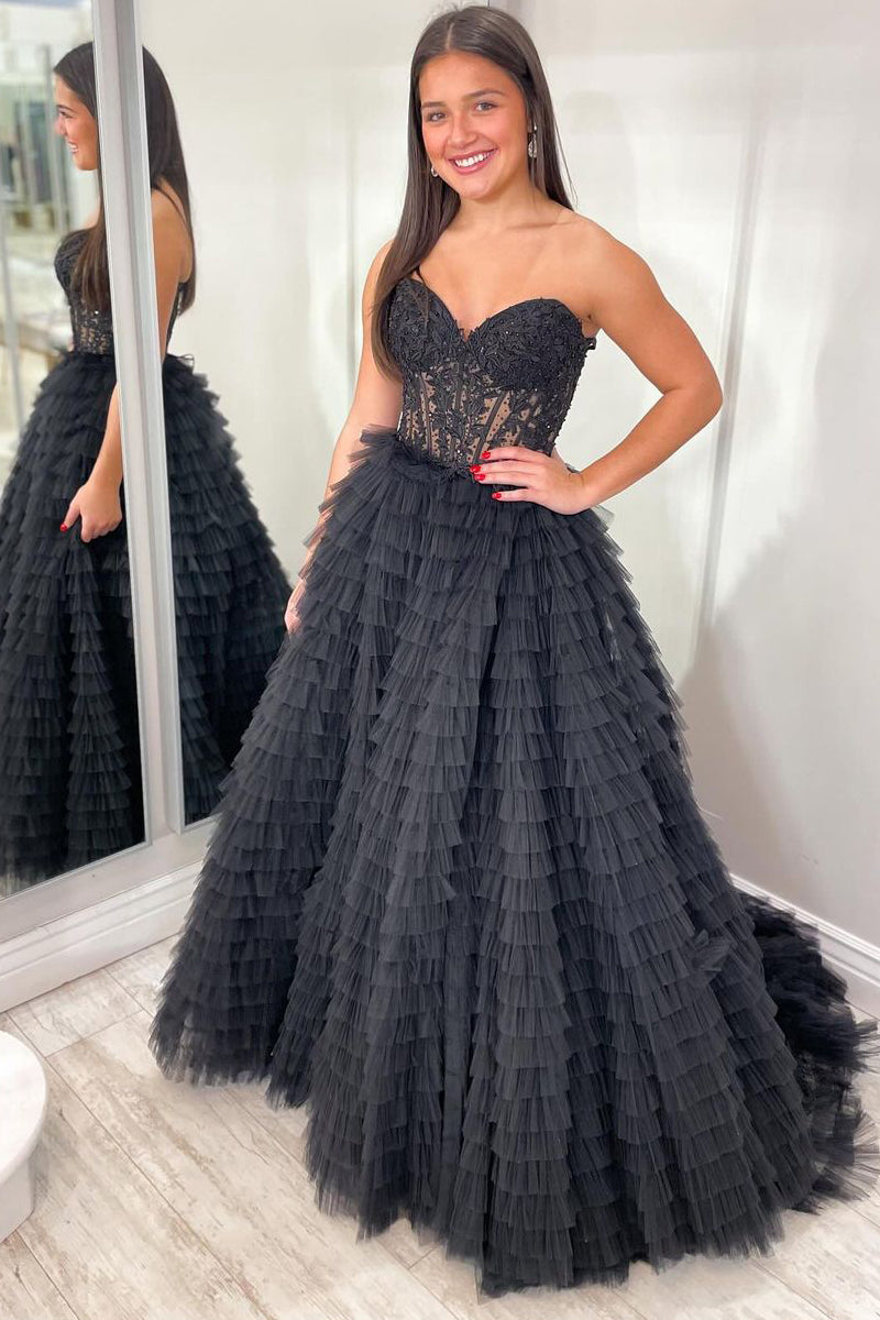 Strapless Black Ruffle Tiered Tulle Long Prom Dress with Appliques AB4042502 – Anniebride
