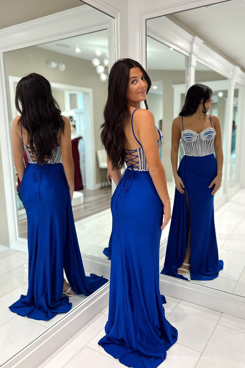 Cute Blue Satin Mermaid Evening Dress Prom Dress  With Flower Y7777 main image 0