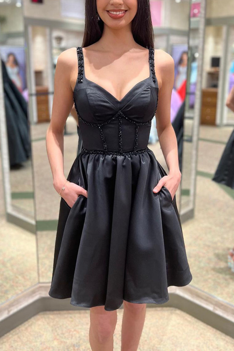 black homecoming dresses with pockets Cute A Line Sweetheart Straps Satin Short ABHC061835 – Anniebride (added 10/25/2023)