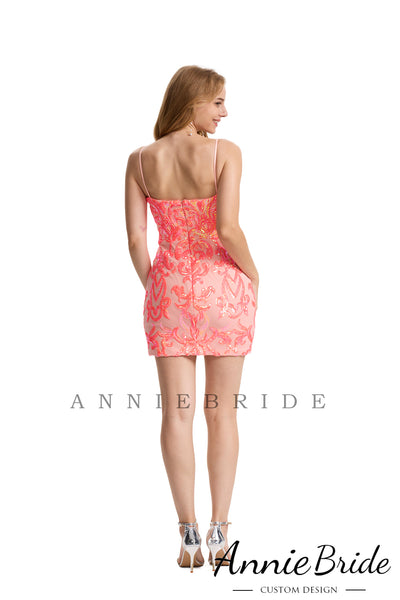 Cute Bodycon V Neck Coral Sequins Short Homecoming Dresses AB24071902