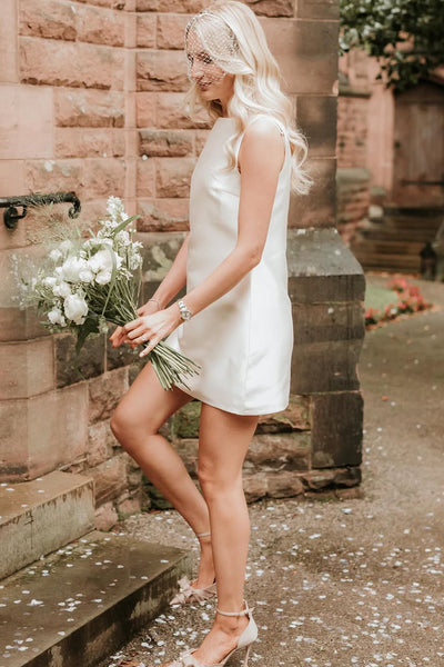 Simple Fashion Round Neck Twill Satin Short Bridal Dresses AB24122816