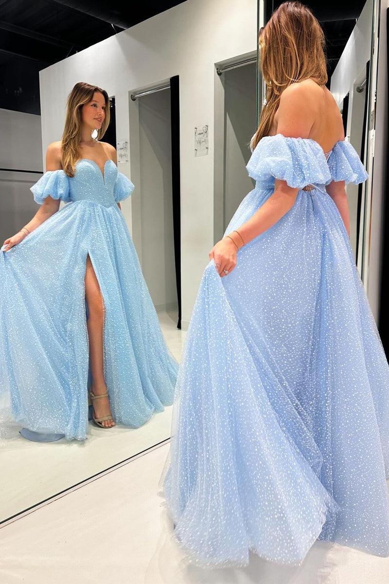 Trendy A Line Sweetheart Blue Corset Prom Dress with Slit AB4031404
