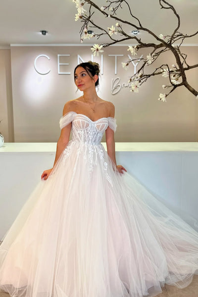 Fairy A Line Off the Shoulder White Tulle Bridal Dresses with Appliques AB24112802