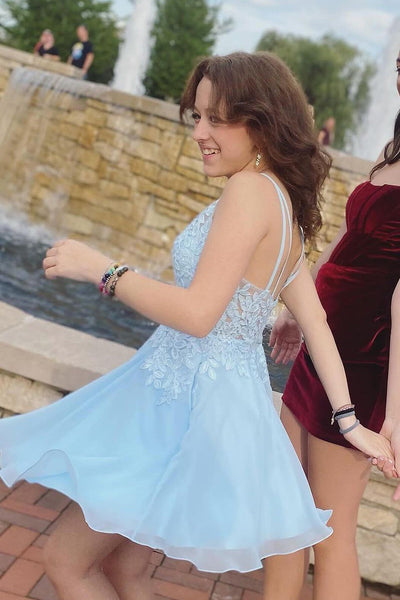 Cute A Line V Neck Light Blue Chiffon Homecoming Dresses with Appliques AB102305