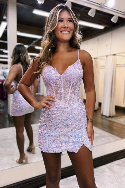 Cute Bodycon V Neck Pink Sequins Homecoming Dresses with Appliques AB090303