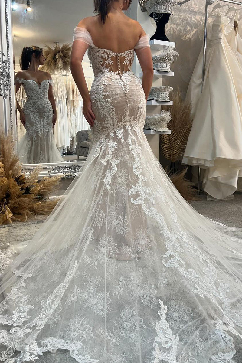 Elegant Long Mermaid Sweetheart Lace Wedding Dress with Detachable Train main image 1