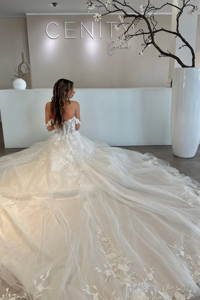 Fairy A Line Off the Shoulder White Tulle Bridal Dresses with Appliques AB24112802