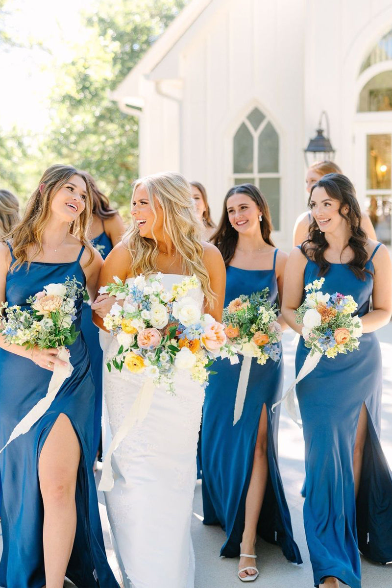 Blue Silk Satin Spaghetti Straps Mermaid Bridesmaid Dress with Bow AB4040702 Blue Silk Satin Spaghetti Straps Mermaid Bridesmaid Dress with Bow AB4040702