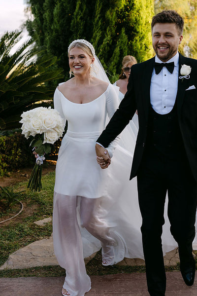 Simple Sheath Boat Neck Long Sleeves Short Wedding Dresses with Detachable Skirt AB25050703