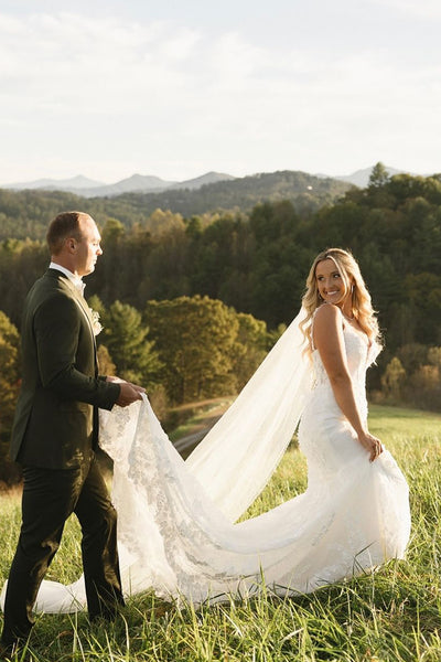 Charming Mermaid V Neck Lace Long Bridal Dresses AB24103008