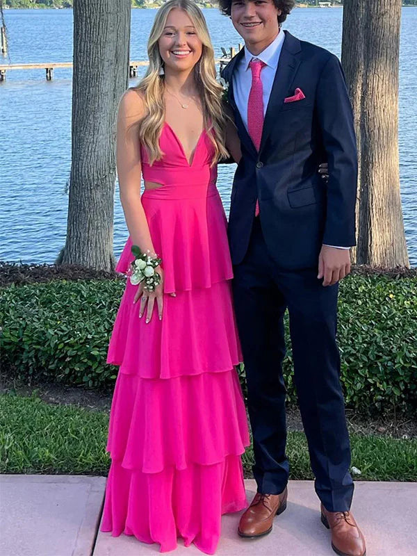 Cute A Line V Neck Halter Pink Chiffon Tiered Prom Dress AB25020102 –  Anniebride