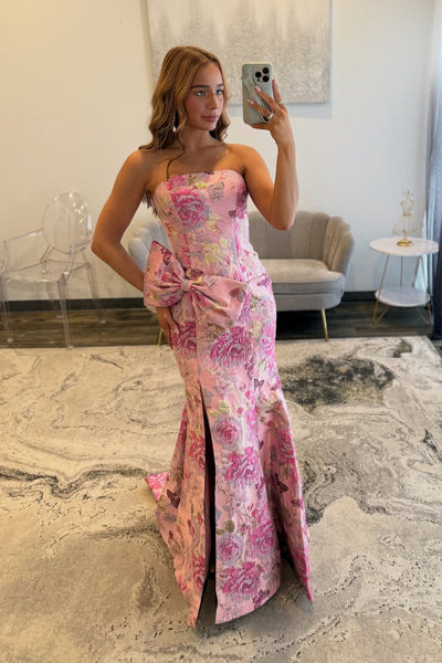 Charming Mermaid Strapless Jacquard Satin Prom Dress with Slit AB25102105