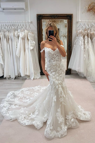 Boho Mermaid Off the Shoulder Lace Beach Wedding dress AB25022603