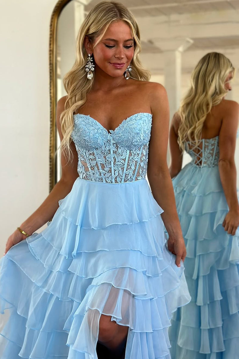 Cute A Line Sweetheart Blue Chiffon Tiered Prom Dress with Slit AB2501