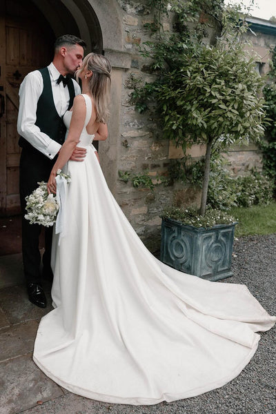 Elegant Ball Gown Square Neck Heavy Satin Long Bridal Dresses AB24110503