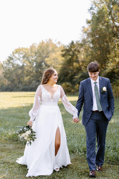 Bohemian A Line V Neck Chiffon Long Bridal Dresses with Long Sleeves AB24110504