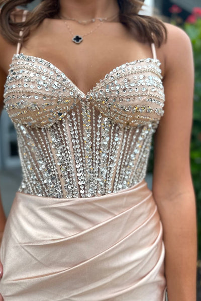 Cute Bodycon V Neck Champagne Satin Short Homecoming Dress with Beading AB25102709