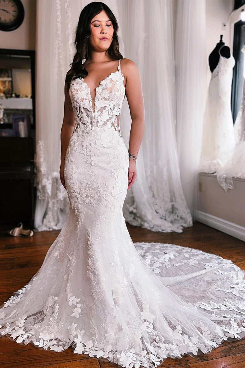 knee length dresses for ladies Gorgeous Mermaid Deep V Neck Lace Wedding Dresses with Appliques AB090806 main image 0