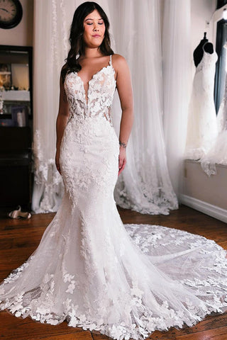 Charming Mermaid V Neck Lace Wedding Dresses with Appliques AB040403