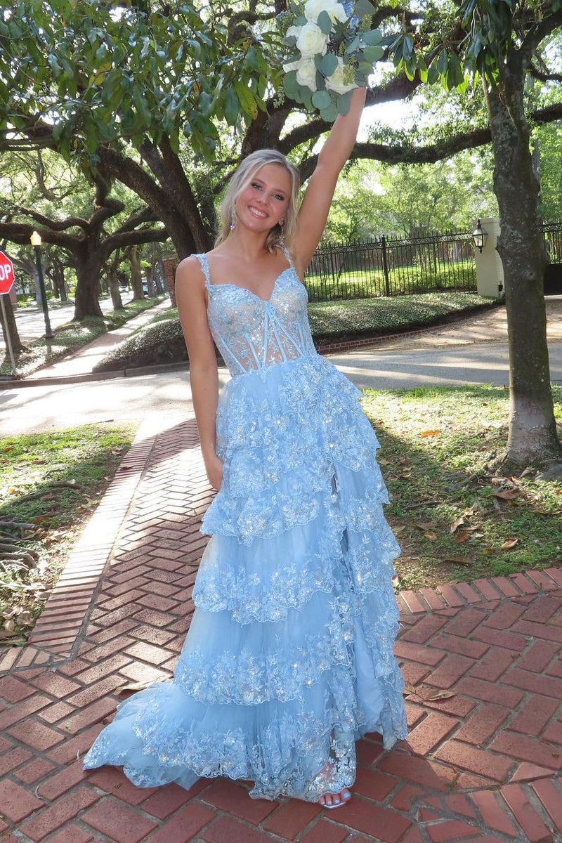 Cute Sweetheart Light Blue Tulle Long Prom Dresses with Sparkly Appliques AB041403 Anniebride Cute Sweetheart Light Blue Tulle Long Prom Dresses with Sparkly Appliques AB041403 Anniebride