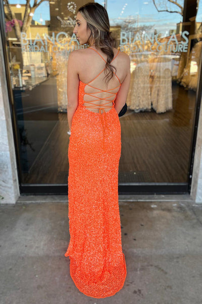 Cute Sparkly Mermaid Scoop Neck Orange Sequins Long Prom Dresses with Slit AB081513