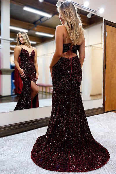 Charming Mermaid V Neck Royal Blue Sequins Long Prom Dresses with Slit  AB081524