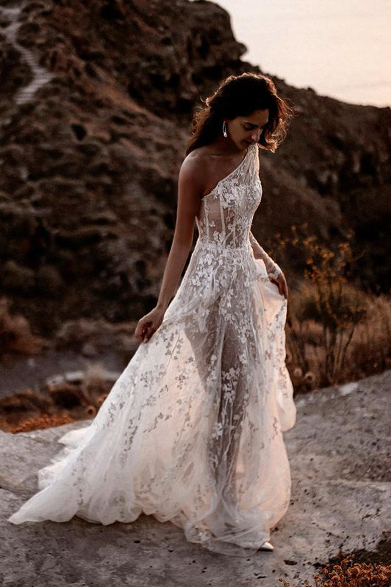 Bohemian A Line One Shoulder See Through Lace Beach Wedding Dresses AB081546 Anniebride Bohemian A Line One Shoulder See Through Lace Beach Wedding Dresses AB081546 Anniebride