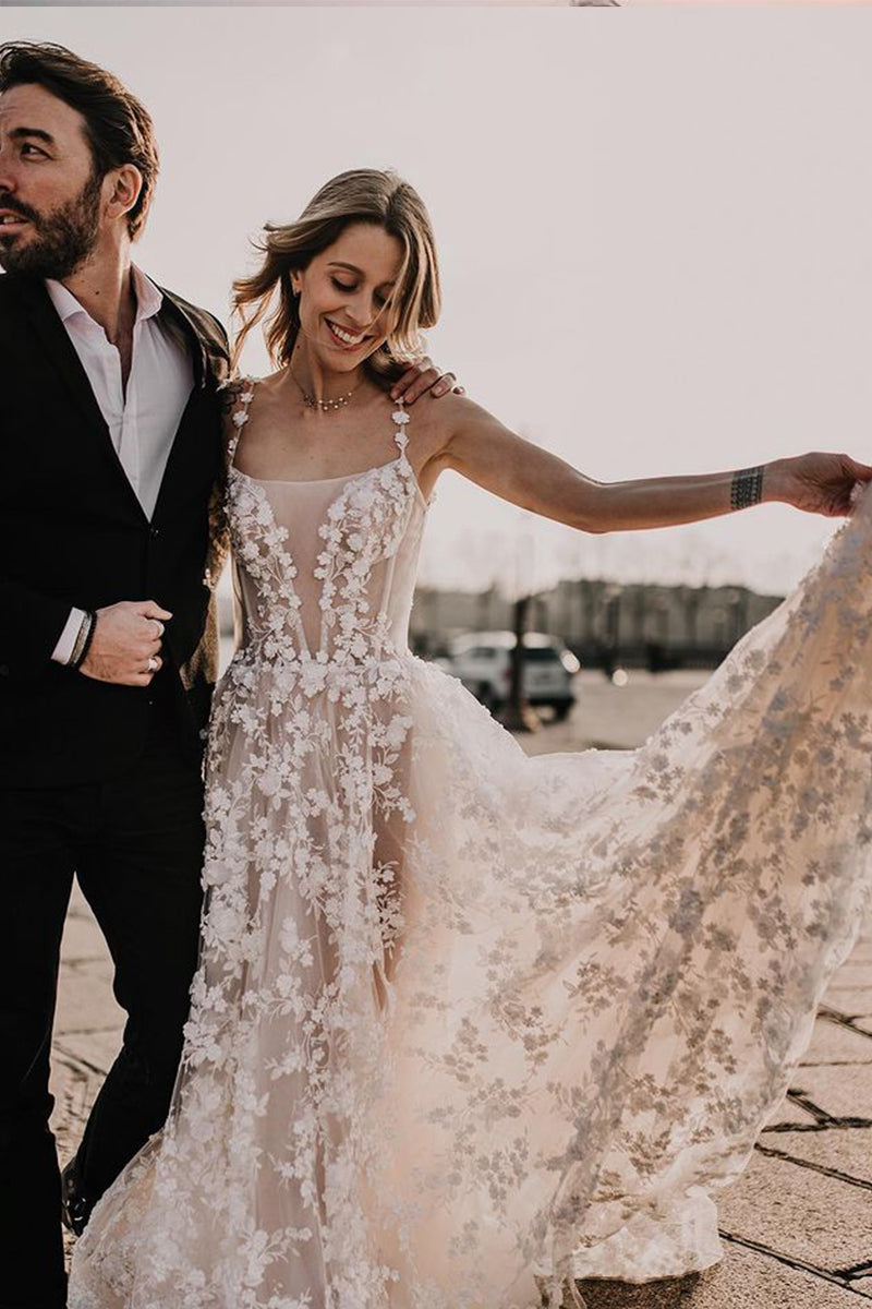 scoop neck lace wedding dress Scoop Neck Tulle Wedding Dress with Spaghetti Straps