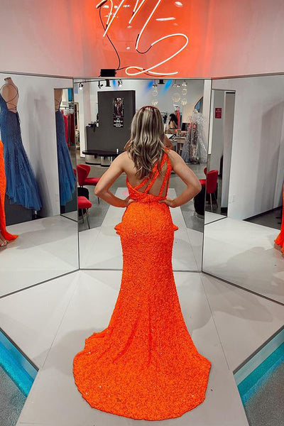 Sparkly Mermaid One Shoulder Orange Sequins Long Prom Dresses with Slit AB082606