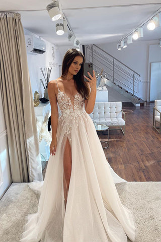 Gorgeous A Line V Neck Sparkly Tulle Wedding Dresses with Appliques AB082806