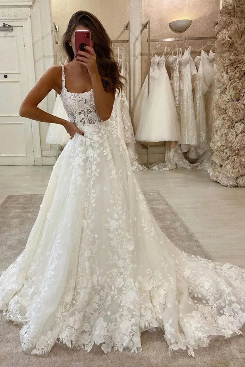 scoop neck wedding dress Ivory Satin V-neck Back A-line Simple Dresses, AB1557  AlineBridal style gown Scoop Neck Tulle Wedding Dress
