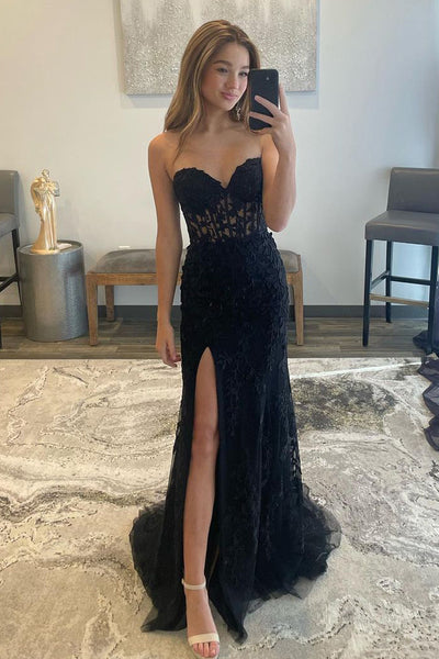 Charming Mermaid Sweetheart Black Lace Long Prom Dresses with Slit AB102003